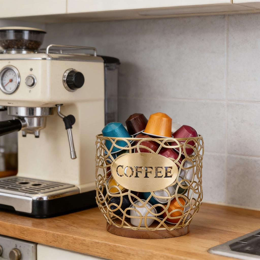 Coffee Pod Holder   Large Capacity Coffee Capsule Storage Basket with Wooden Base for Kitchen Counter   Desktop