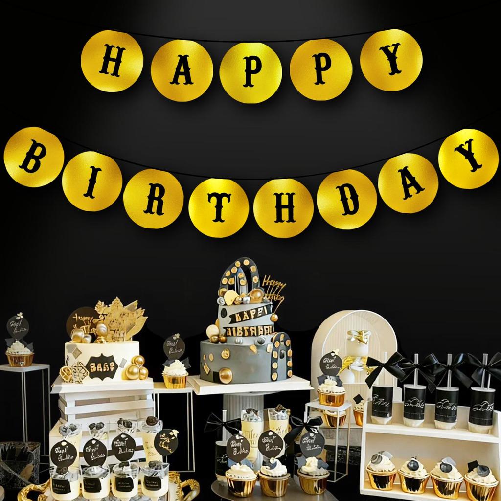 Glossy Gold Round 'Happy New Year' Bunting with 'HAPPY BIRTHDAY' Pull Flowers