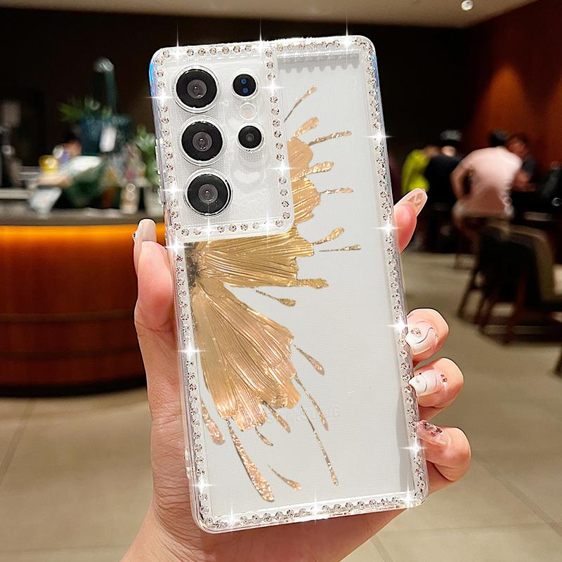 Diamond Frame Soft Silicone Shockproof Case For Samsung S25 Ultra S24 FE S23 S22 A16 A56 A36 A15 A55 A35 Butterfly Print Clear Phone Cover