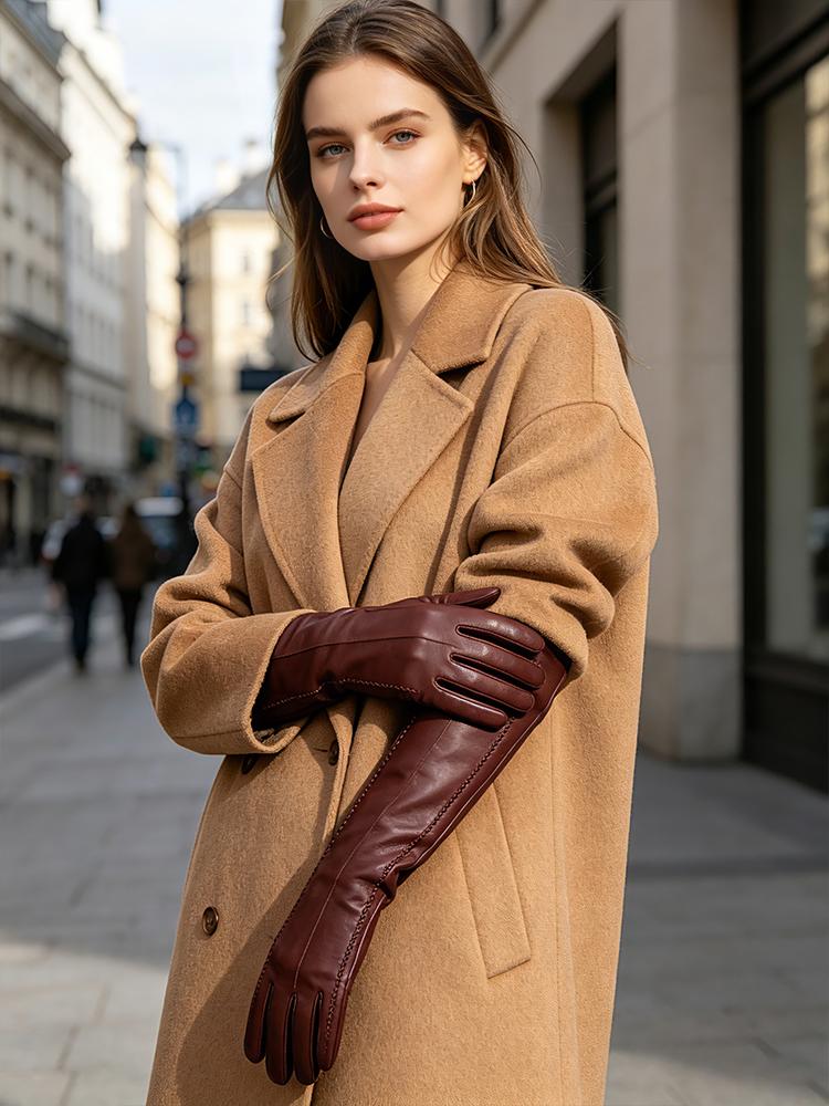 Mănuși lungi din piele de miel de culoare pentru femei de înaltă calitate, lungime 47 cm, iarnă caldă