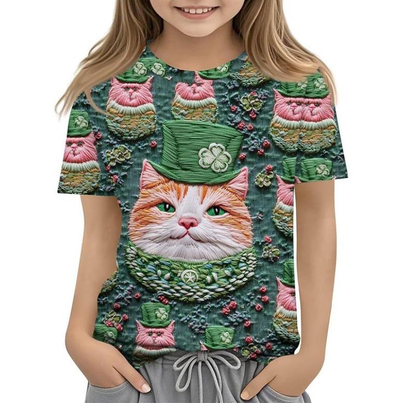 Fashionable Summer Trendy High-quality Four Leaf Clover Pattern Children's Women's Short Sleeved Round Neck T-shirt