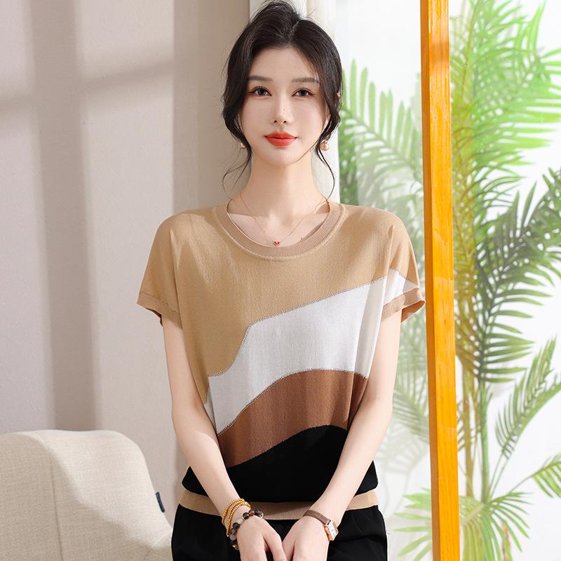 Elegant Color Block Knit Top for Chic Moms - 50+ Summer Short Sleeve Blouse 2XL (125-140 jin) коричневый