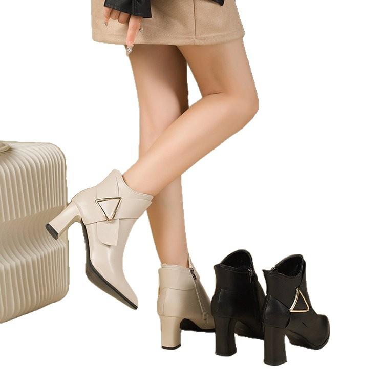 Autumn and winter new high-heeled short boots women's thick heel pointed thin short ankle boots Martin boots PU