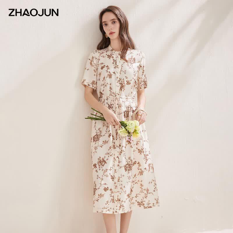 Mulberry Silk Elegant Print Short Sleeve Dress L