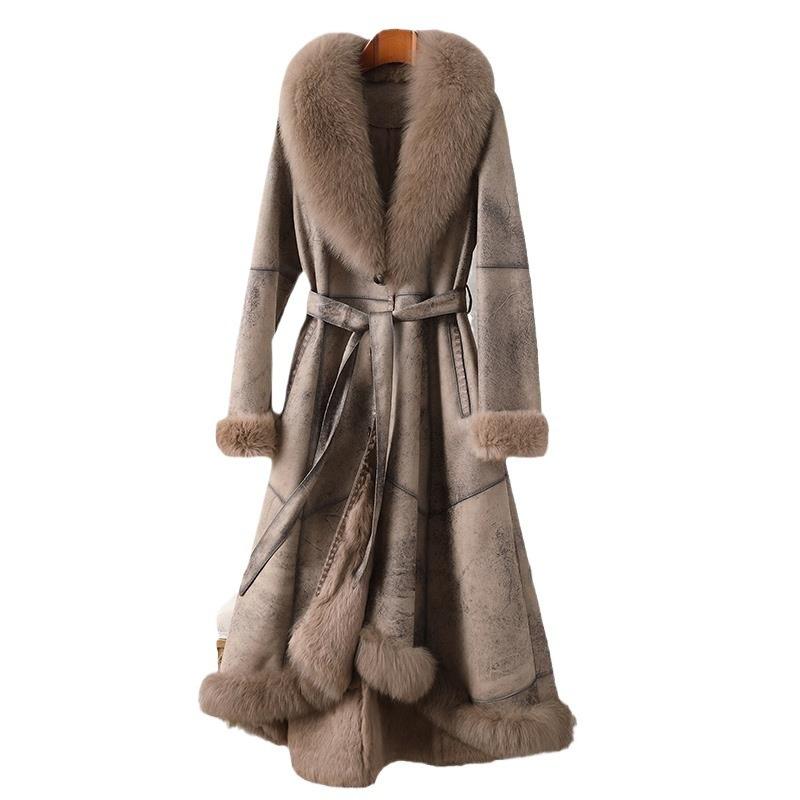 Imitation Fur Coat Fur Integrated Coat Women's Medium and Long Over Knee Imitation Fox Fur Collar Rabbit Fur Slim Belt
