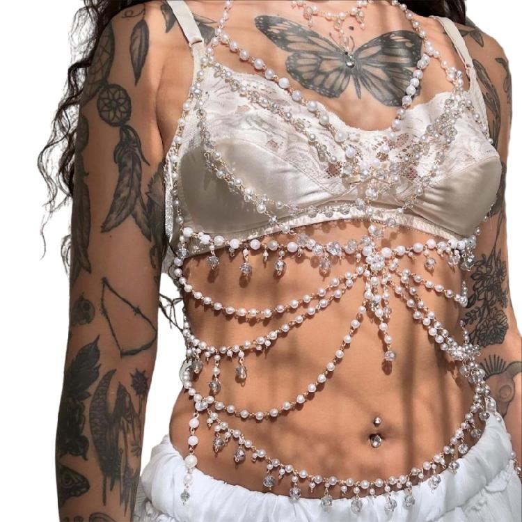 Trendy Faux Pearls Body Chain Adjustable Shoulder Necklace Women s Chest Accessories for Maternity or Boudoir Photos 1