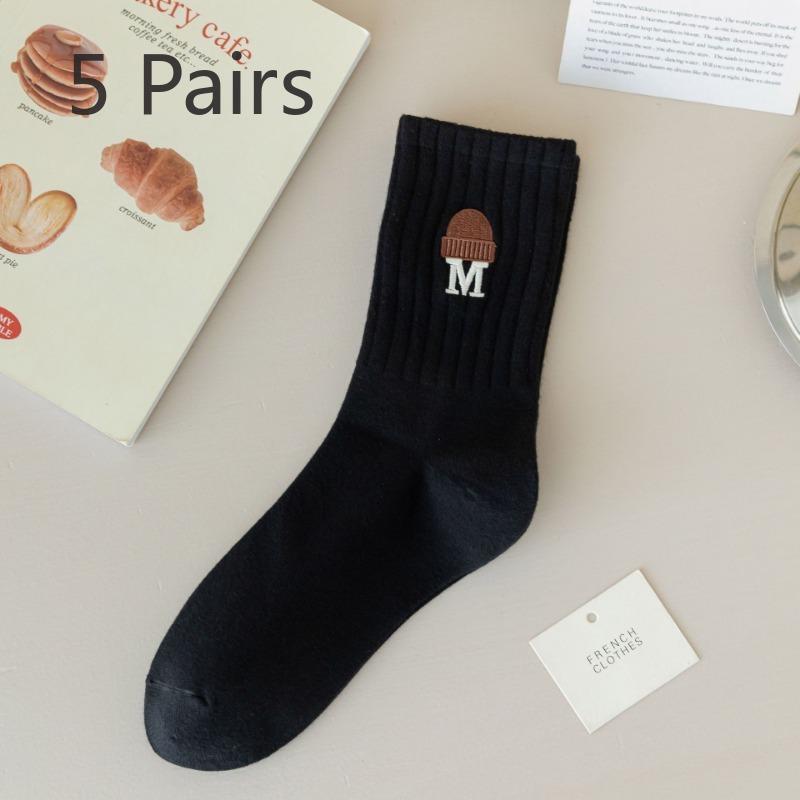 5 Pairs of Female Autumn and Winter Cotton All Match Solid Color Tube Socks