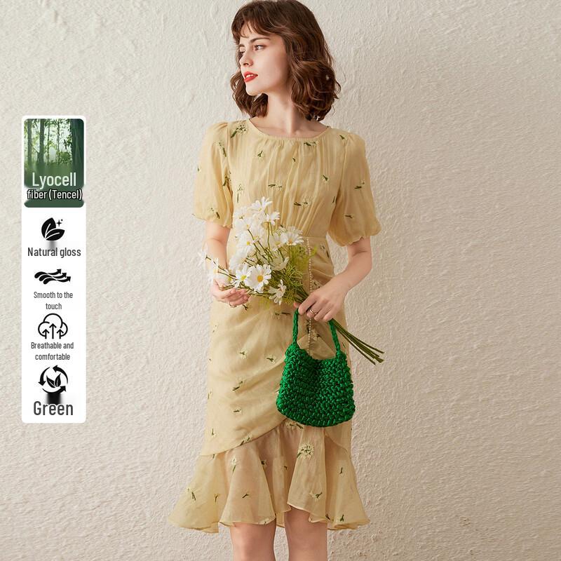 French Style Ruffle Pleated Floral Midi Dress L
