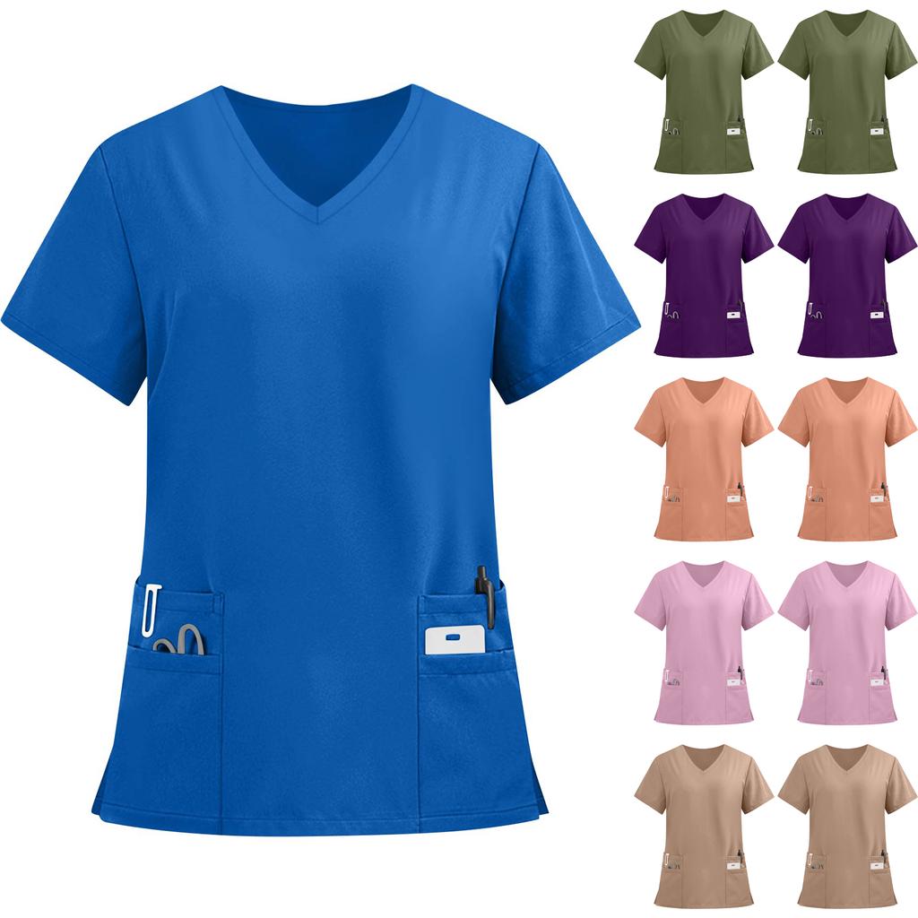 Women's Fashion Solid Short Sleeve V Neck Pattern Tops Pocket Working T-shirts