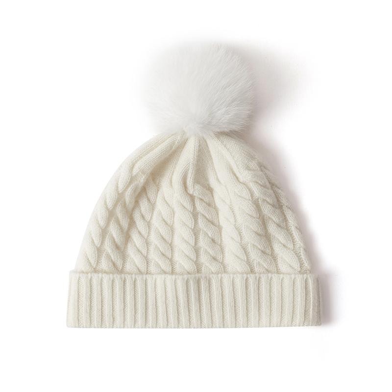 Women 100% Cashmere Beanie Hat Pom Pom Detail Cable Knit Foldable Cuff Winter Warm Soft Slouchy Skullies Cold Weather Accessory