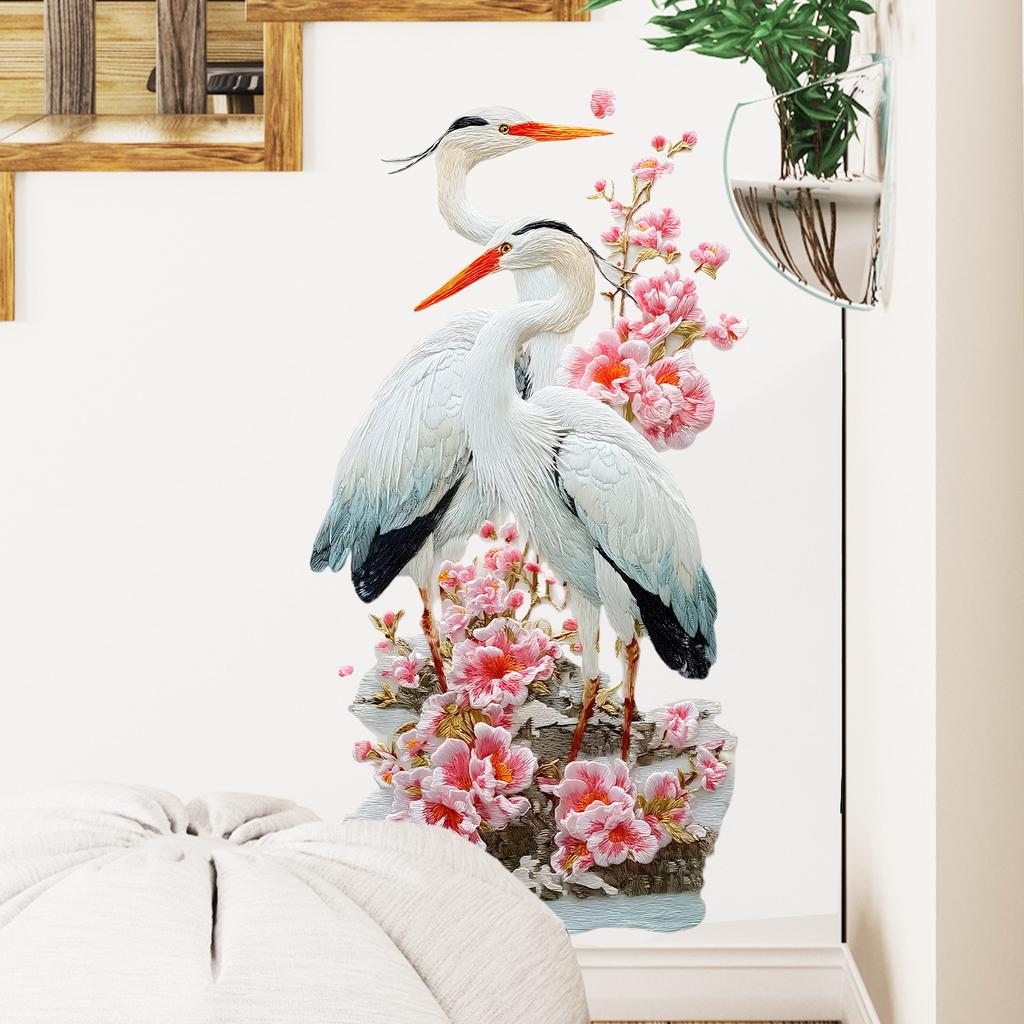 Chinese Style Floral Bird Egret Peach Blossom Wall Sticker Self-Adhesive Removable Living Room Bedroom Hallway Background Wall Home Decor Art