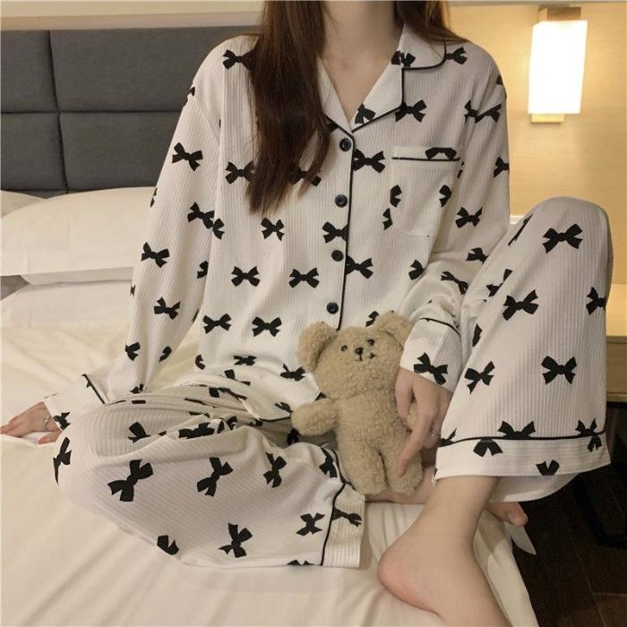 Kadın İlkbahar Sonbahar Pijama İki Parça Set Kadın Bol Moda Leopar Desenli Uzun Kollu Bayan Ev Giyimi