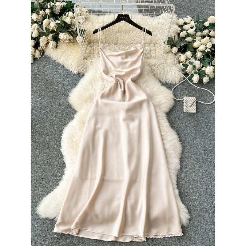Temperament Goddess Style Open Back Satin Sling Dress