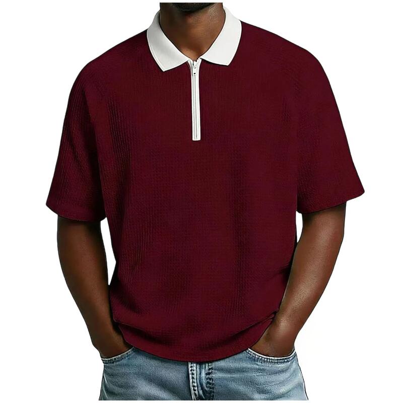 

Men s Summer Casual Polos Sports Patchwork Lapel Half Zip Short Sleeve Tee Tops M винний