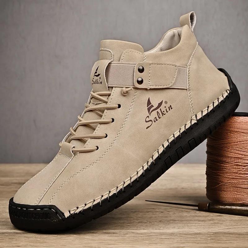 Fashion Winter New Men's Low-top Ankle Boots High Quality Hand-stitched Hook&loop Leather Casual Sneakers Classic Man Shoes Plus Size 48