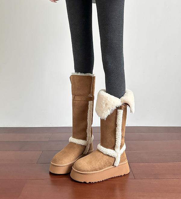 Fold two, wear thick-soled velvet long-tube snow boots, women's new winter non-slip thickened short-tube gray cotton shoes.