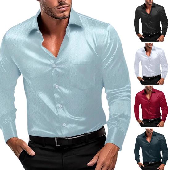 Men Glossy Dress Shirt Turndown Collar Button Down Shirt Long Sleeve Formal Shirt for Prom Party Dating Wedding