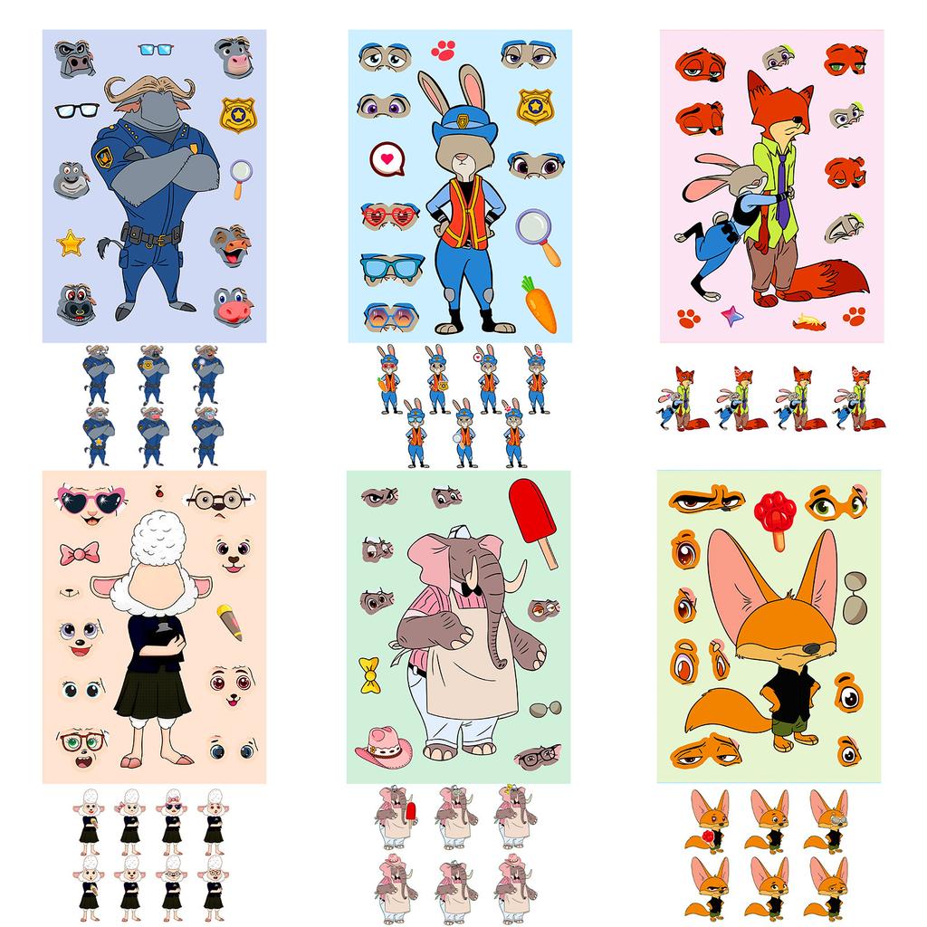 Hot Cartoon Crazy Animal Rabbit Officer Face Swap Stickers 6 Pieces/Package Children'S Anime Surrounding Diy Costume Stickers