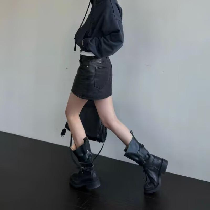 New Style Luxury Pleated Buckle Knight Boots for Women Autumn Brown Leather Mid Calf Boots Woman Slip-On Thick Heel Riding Boots