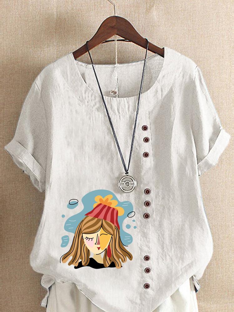 Women's Fashion Abstract Girl Print Round Neck Short Sleeve T-shirt Summer Casual Cotton Linen Graphic Shirt Leisure Loose Blouse Tops