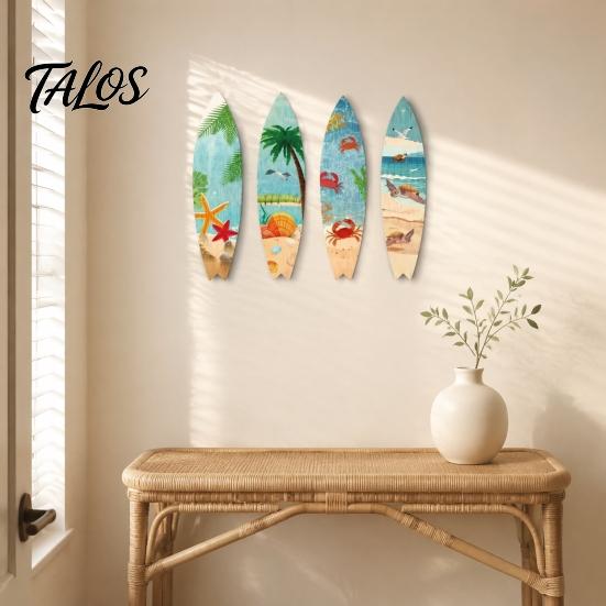 Tropical Beach House Ornament 4Pcs Wooden Surfboard Wall Hanging Decoration, Summer Seaside Art Signs, Party Lightweight Theme Pendant for Bathroom