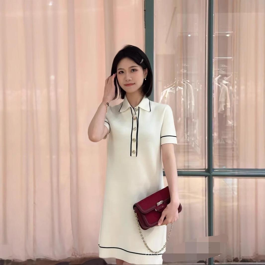 

Nanyou Модное трикотажное платье с лацканами в стиле колор-блок - Лето 2025, Молодящее, Однобортное, С короткими рукавами для женщин Large белый