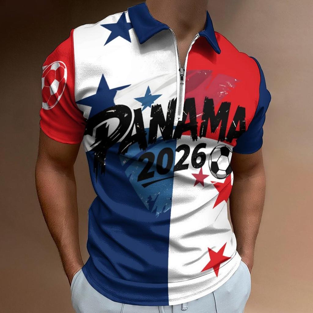 Men’s Casual Loose Fit Polo Shirt with Letter Print Zip Collar Short Sleeve Comfortable Breathable Top for Everyday Wear