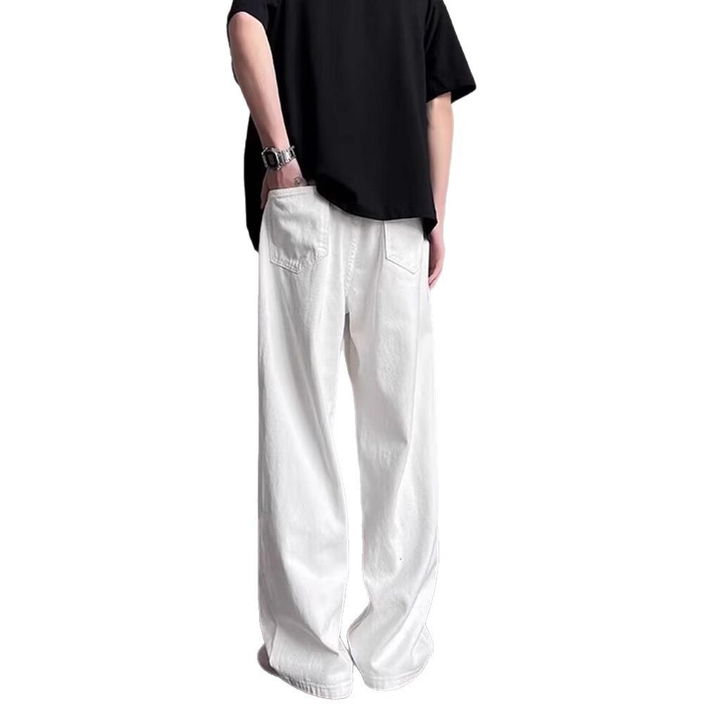American retro white jeans men's summer new trendy brand basic solid color straight pants loose casual pants