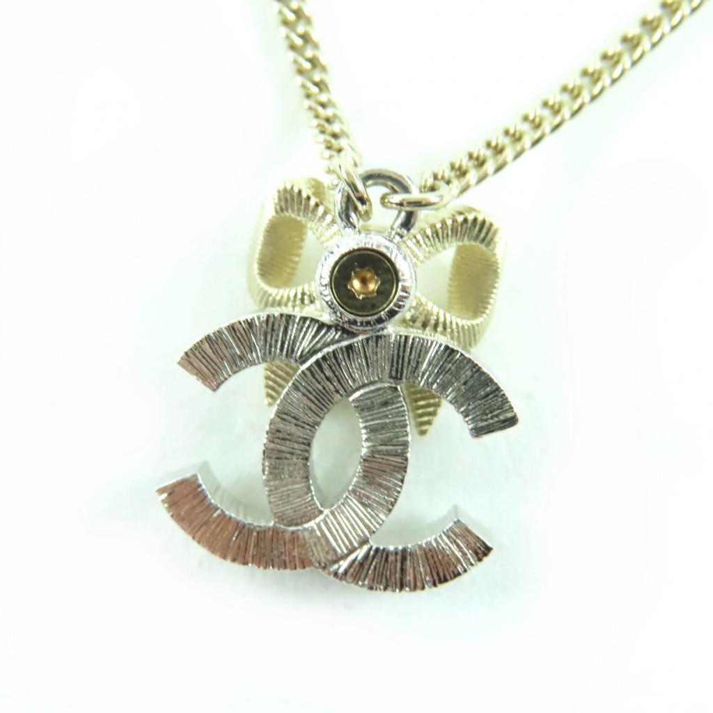 Excellent CHANEL Necklace COCO Mark Ribbon Rhinestone Champagne Gold Women B24K Used