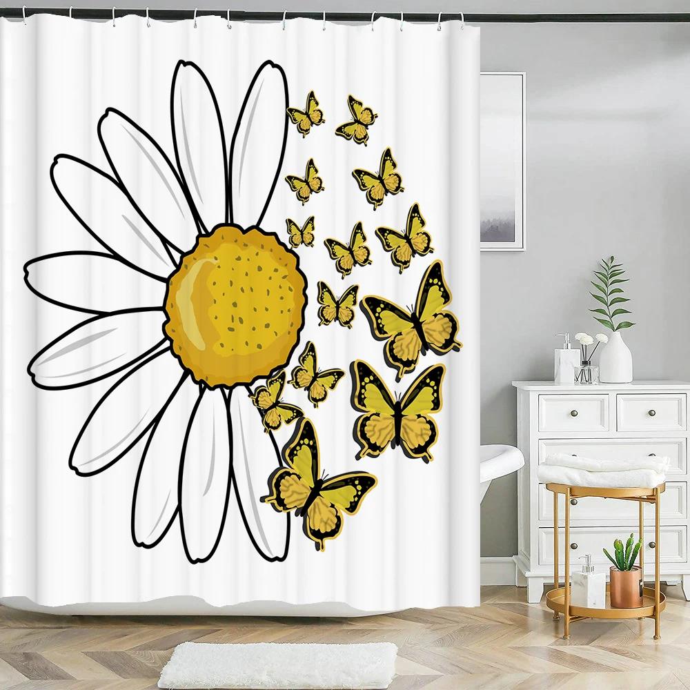 Plant Sunflower Butterfly Flowers Shower Curtain Print Modern Nordic Minimalist Polyster Home Decor Bathroom Curtain with Hooks