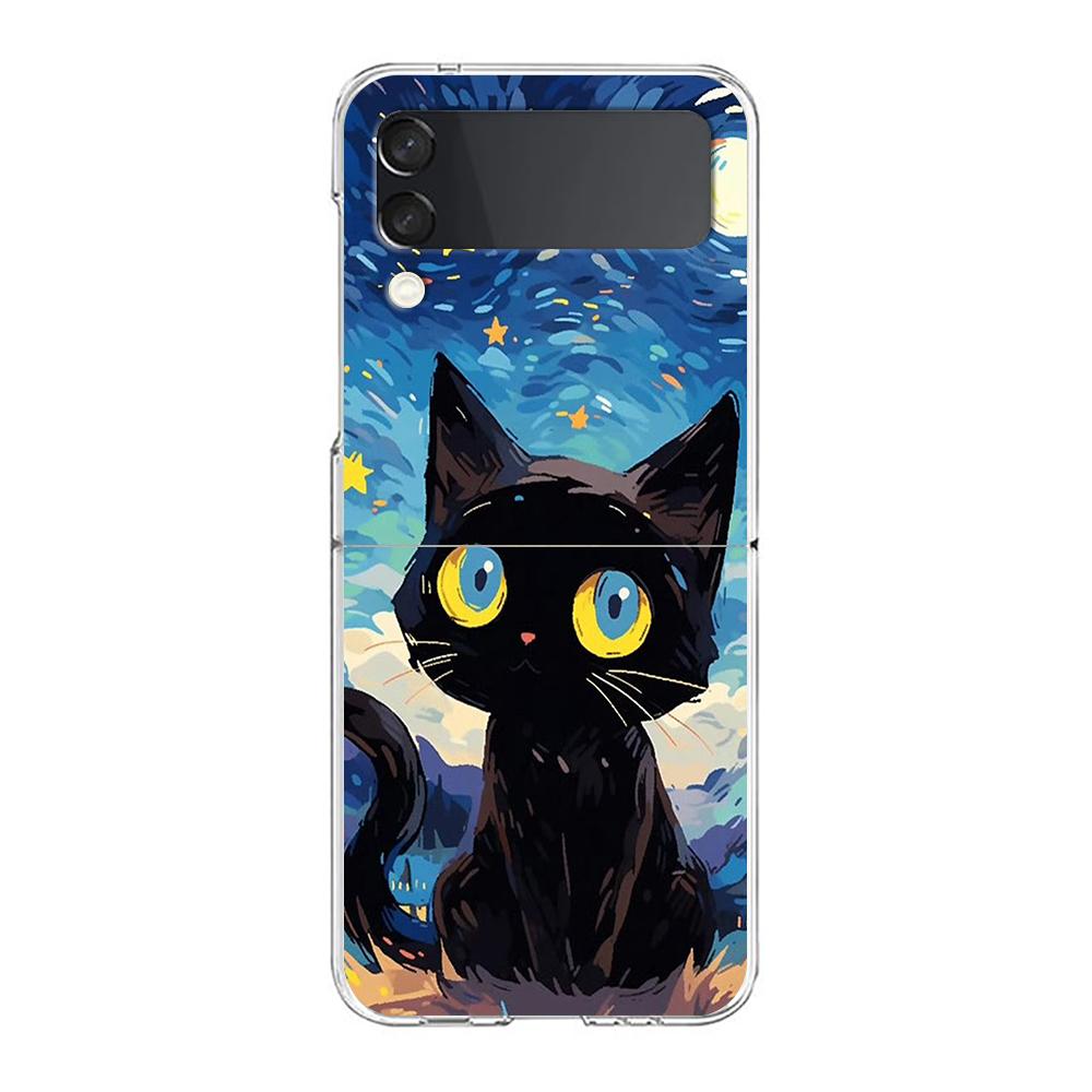 Artistic Black Cat Starry Night Phone Case For Samsung Galaxy Z Flip 3 4 5 Hard Folding Clear PC For Samsung Z Flip 6 Back Cover