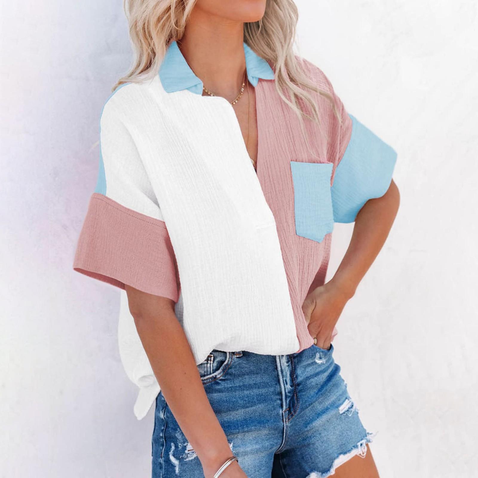 

Женские повседневные рубашки с коротким рукавом и V-образным вырезом, блузки на пуговицах с цветными блоками, топы L розовый