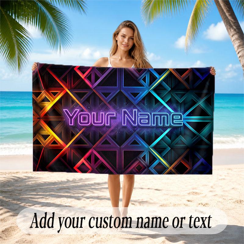 Abstract Geometric Theme Soft Beach Towel Personalized Custom Name Text Towel Portable for Beach Pool Travel