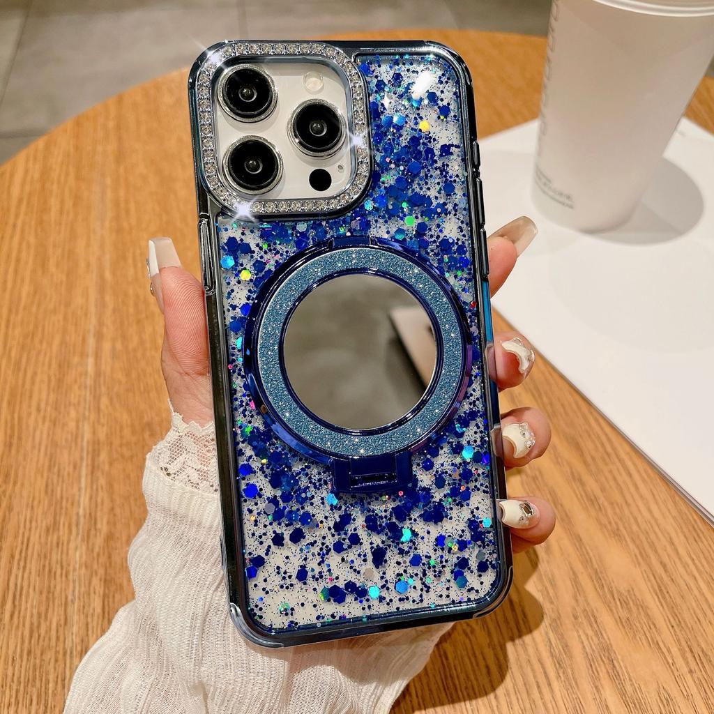 Mirror Magnetic Bracket for Apple 16 Phone Case New 15promax Water Diamond Luxury 14 Drop Glitter Powder Case
