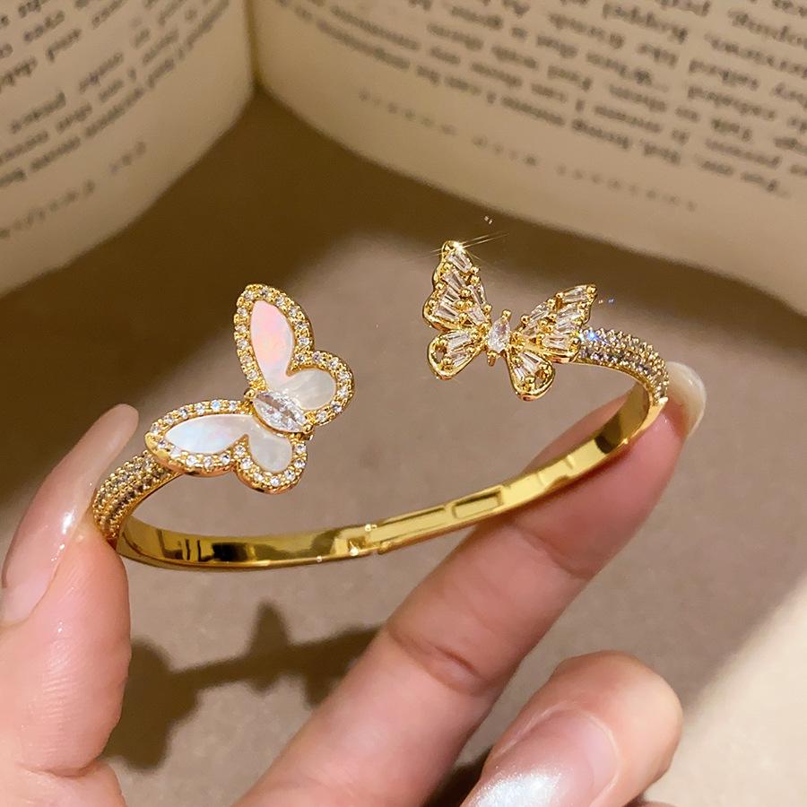 Elegant Zircon Butterfly Open Cuff Bracelet - Gold-Plated, Versatile Luxury Jewelry for Women.