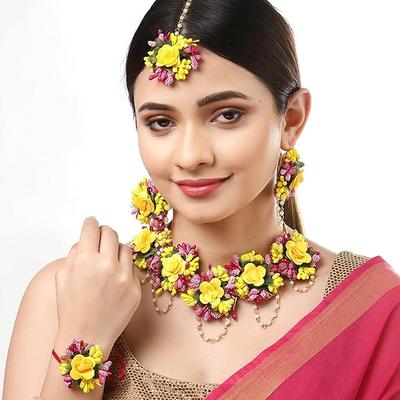 Parure de bijoux en forme de fleurs pour Haldi Gota Patti, collier, boucles d'oreilles, bracelet et Maang Tika pour femmes et filles
