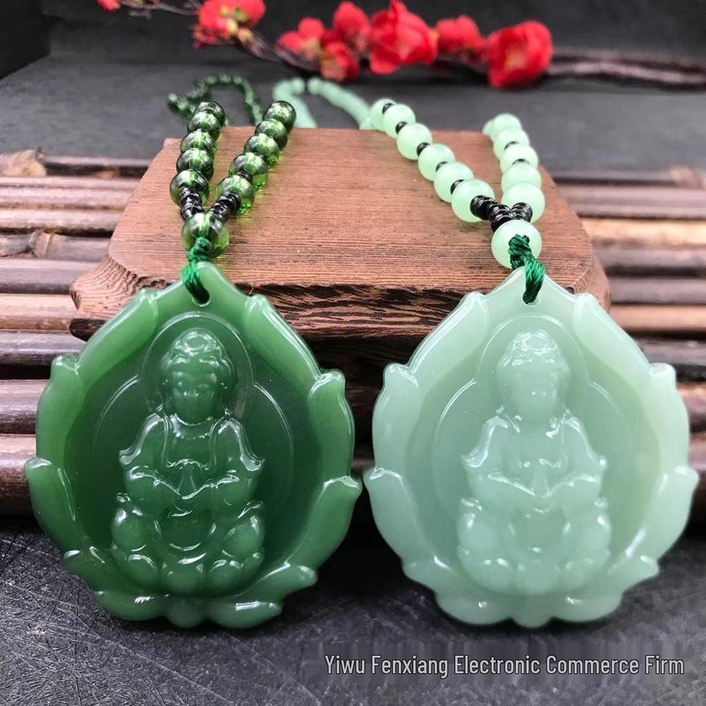 Imitation Jade Lace Guan Yin Buddha Necklace - Versatile Green Jade Sweater Chain for All Seasons