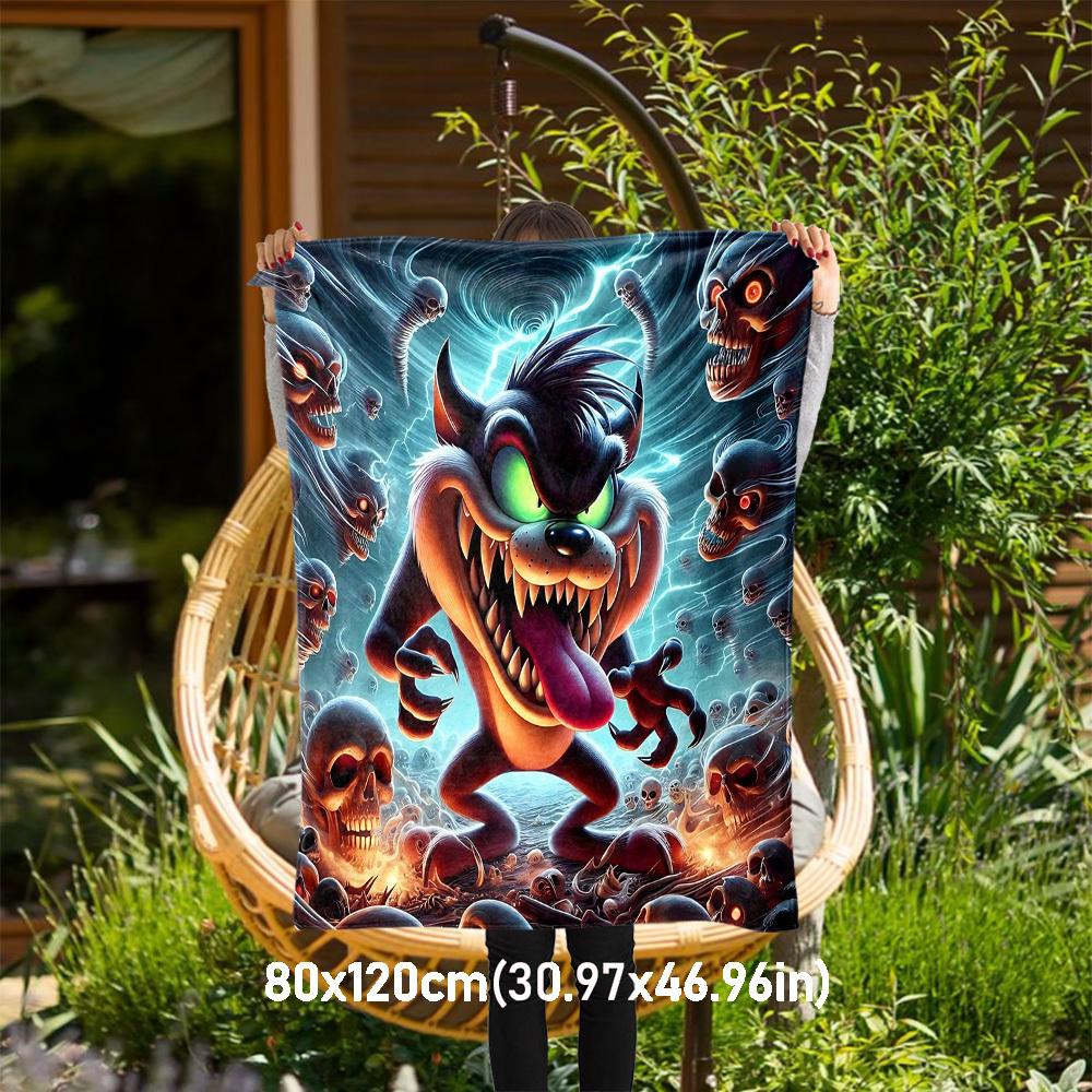 1pc Tazmanian Devil, Skulls, Lightning Outdoor Blanket - Throw Blanket, Soft , Flannel Blankets, Living Room, Travel, Camping-1102079 80x120cm