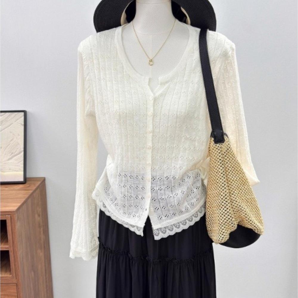 A Gentle Style, Hollowed-out Knitted Cardigan for Women in The Autumn, Paired with A Thin Long-sleeved Sun-protective Jacket Over Lace