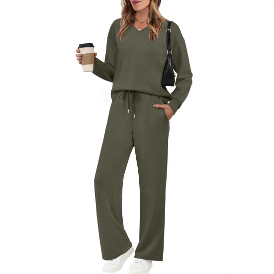 Piece Outfits for Women Casual Sweatsuits Long Fall Lounge Sleeve V-Neck Top Wide Leg Pants S армия зеленый