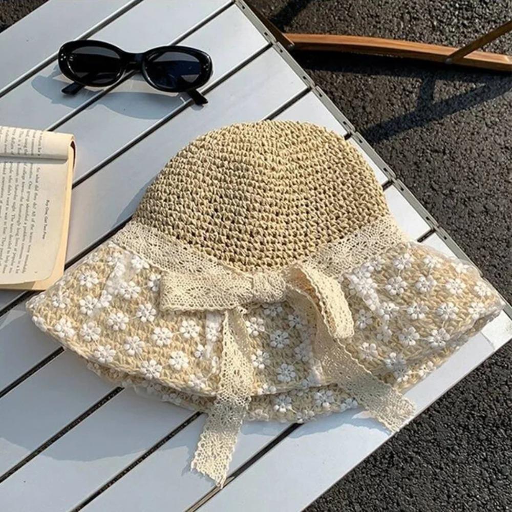 Breathable Woman's Straw Hat Large Brim Lace Bowknot Sunshade Cap Summer Flower Sun Hat  Travel