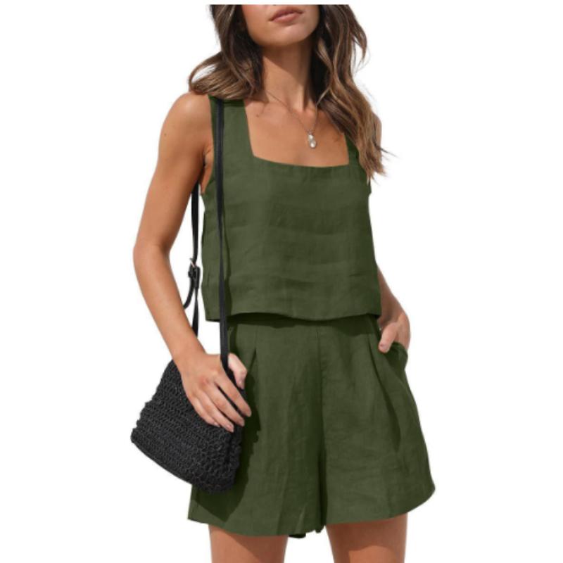 

Женский повседневный модный костюм из двух предметов, льняные шорты, топ без рукавов, жилет L армия зеленый