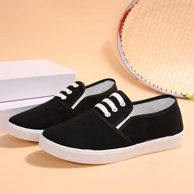Lady Classic Round Toe White Canvas Shoes for Student School Women Cool Black Comfort Street Lace Up Shoes Zapatos De Mujer