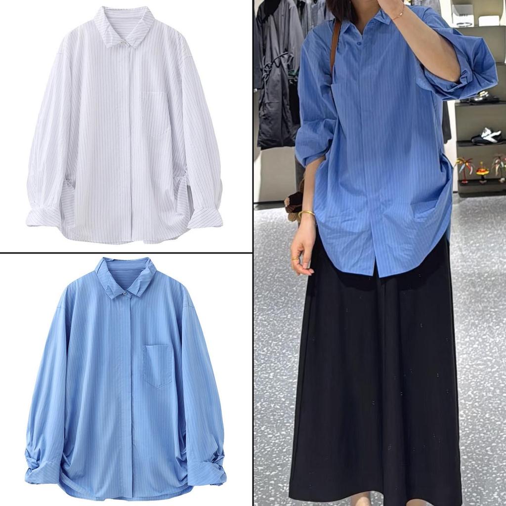 In Stock: 2026 Spring Fashionable Versatile Bud Sleeves Cotton Striped Shirt Top for Women