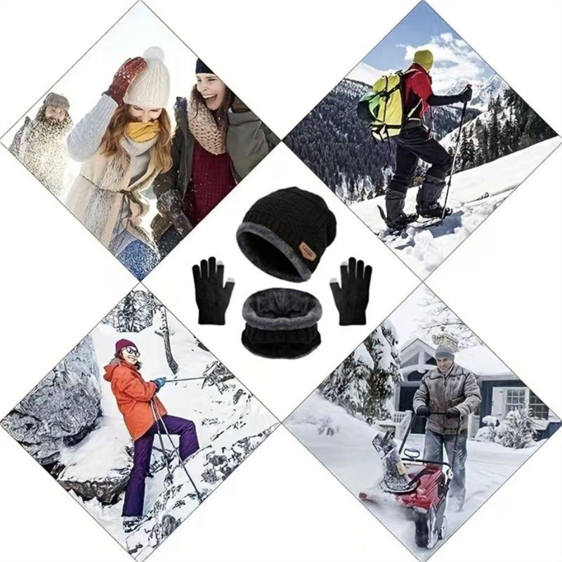 3-Piece Winter Men'S Hat Set Scarf Gloves And Neck Warmer All In One Fleece-Lined Knitted Hat