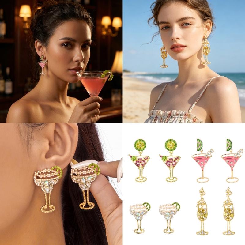 Stylish Wine Glass Earrings Featuring Lemon Charm And Crystals For Women Girls