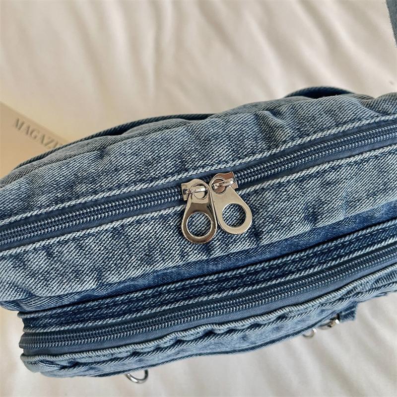 Washed Denim Crossbody Bag with Front Zipper Pocket and Decorative Chain Detail Casual Shoulder Purse for Women Daily