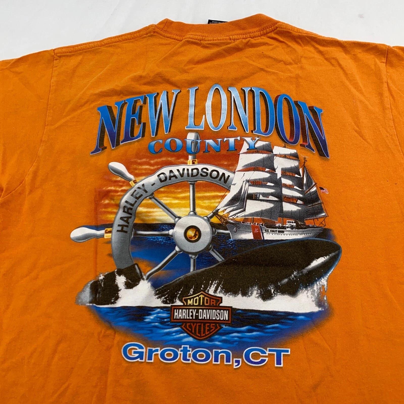 Vtg HARLEY DAVIDSON MOTORCYCLE GROTON CONNECTICUT NEW LONDON COUNTY T-Shirt M/L 4XL