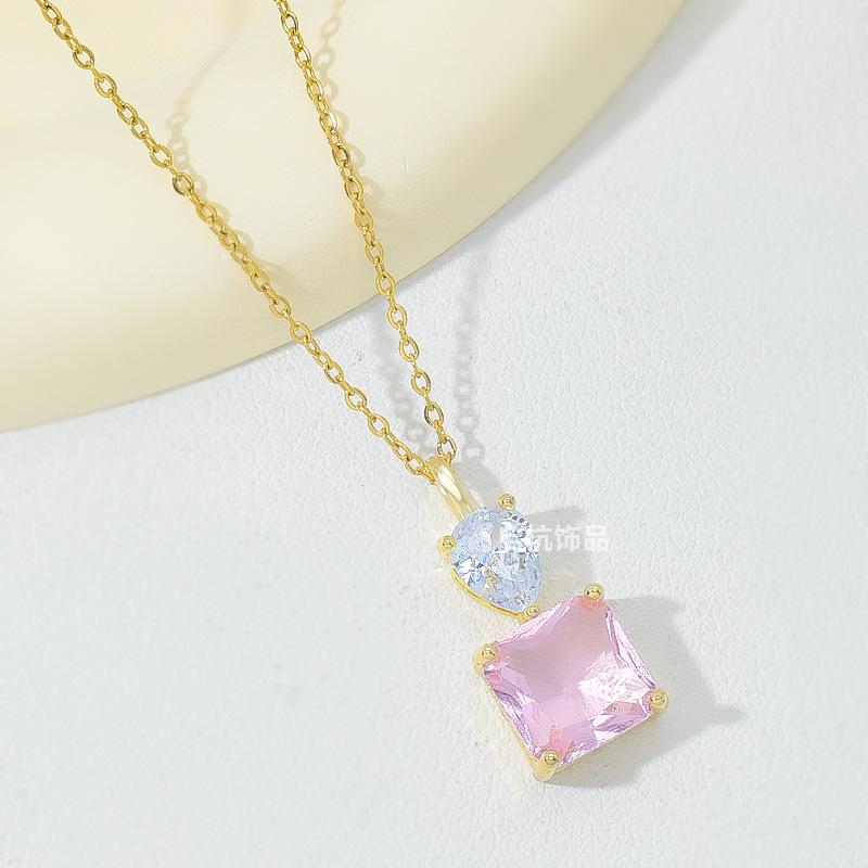 Pink Square Necklace Women'S Premium Versatile Temperament Gem Pendant Delicate Clavicle Chain Accessories