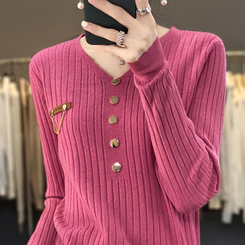 DAFIFY Moterų mados kasdieniai rudens žiemos vienspalviai megztiniai ilgomis rankovėmis V formos iškirpte